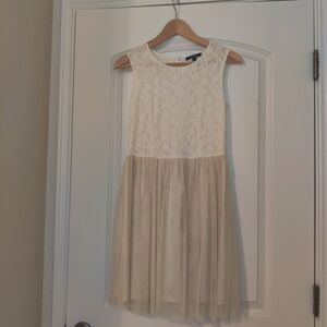Elegant Cream Lace Dress with Elastic High Waist Bow Belt
